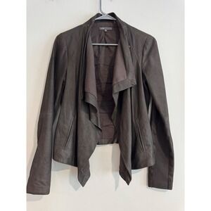 Vince Moto Leather Draped Jacket Womens XS Gray Brown Ribbed Knit Panels Luxury